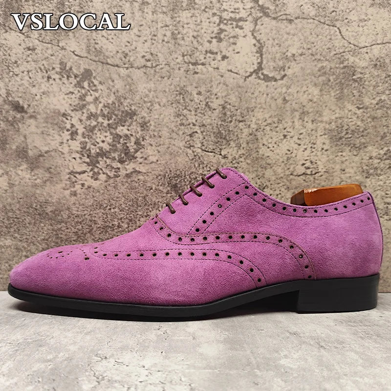 Elegant Men's Oxford Shoe Lace up Suede Leather Purple Pointed Toe Mens Dress Casual Shoes Banquet Wedding Shoes For Man
