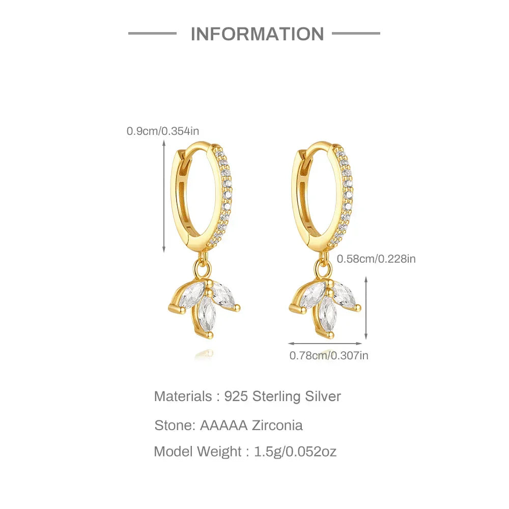 925 Sterling Silver luxury leaf Design zircon Charms hoop earrings for women Shiny Zircon Wedding Party jewelry gift plata
