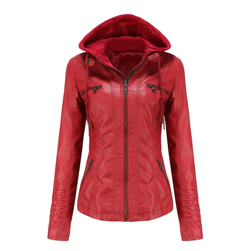 Women’s hooded jacket coat set, detachable design, faux leather, spring autumn, regular fit, L–XXL