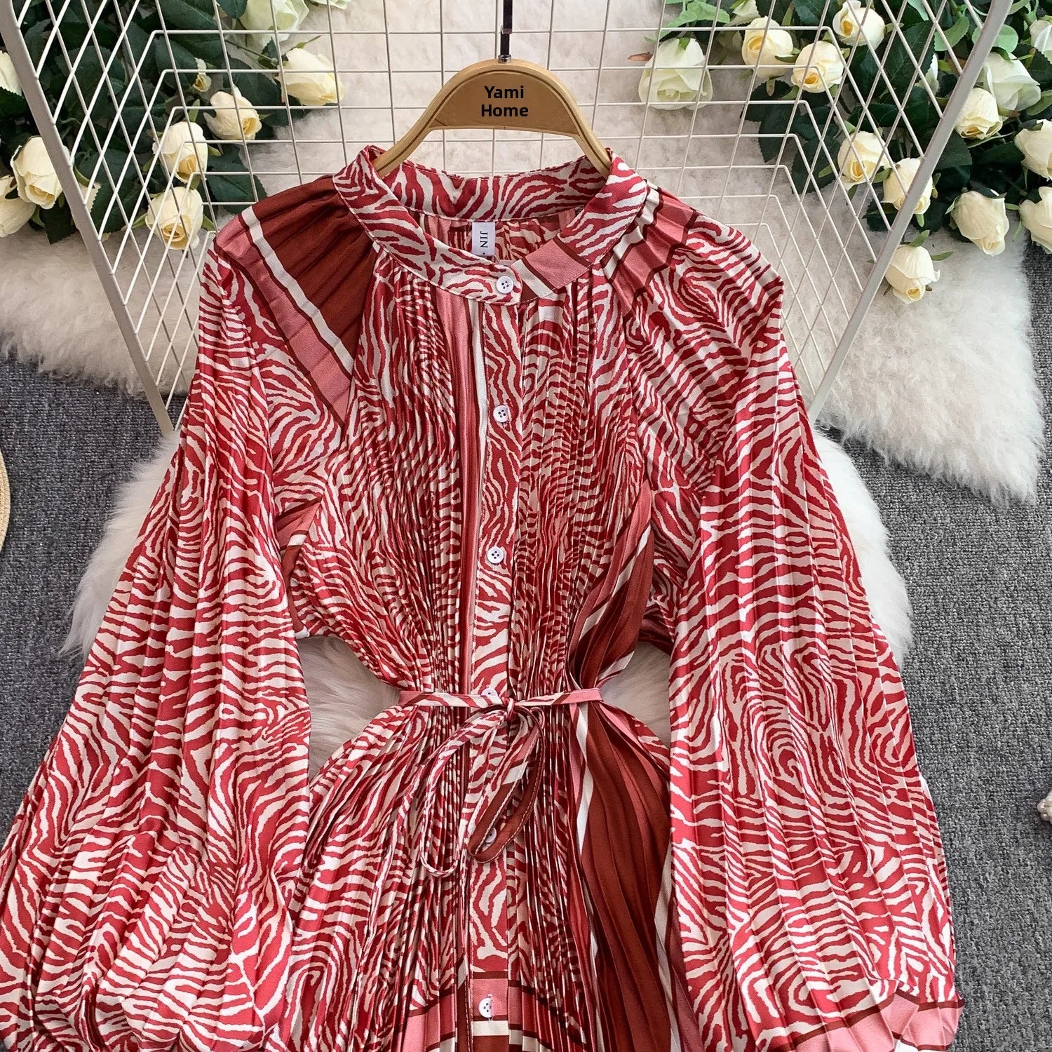 Printed round Ne Lantern Sve Dr Women's Single Button Waist Cinch Maxi Skirt Long Dr Commute Sle Autumn