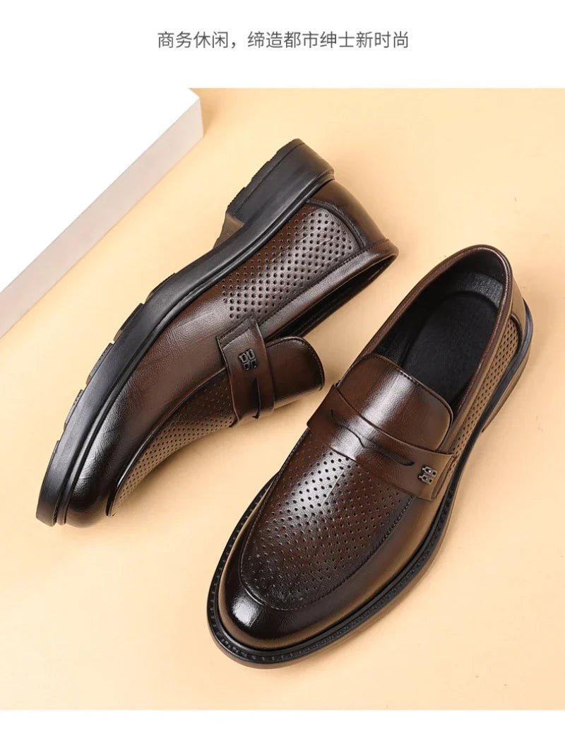 Mens Black Penny Loafers With Perforated Detail Slip On Comfortable Breathable Dress Shoes For Business Office And Summer Wear