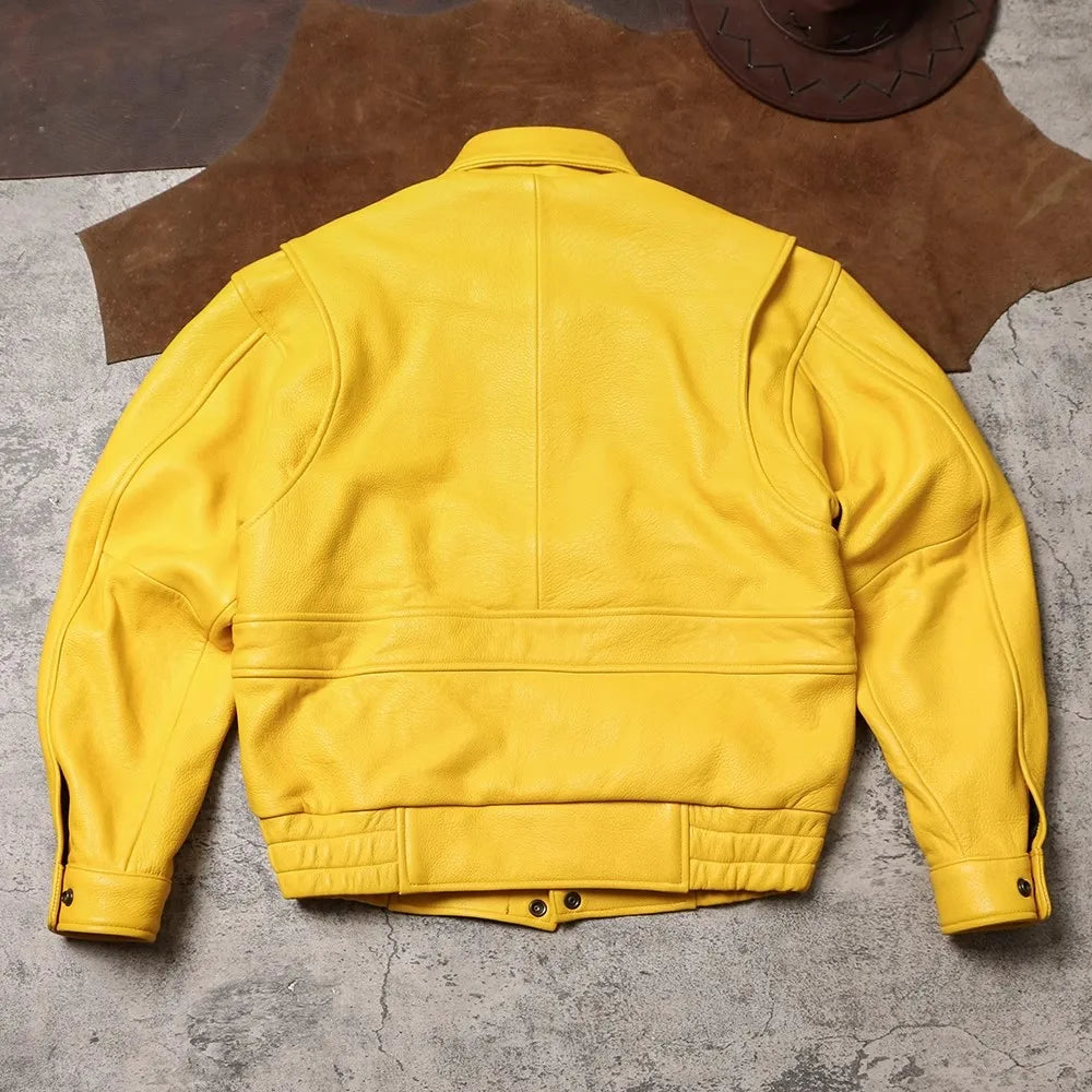 Spring Autumn Cool Handsome Short Yellow Soft Pu Leather Jacket Men Turn-down Collar Luxury Designer Clothes 2025