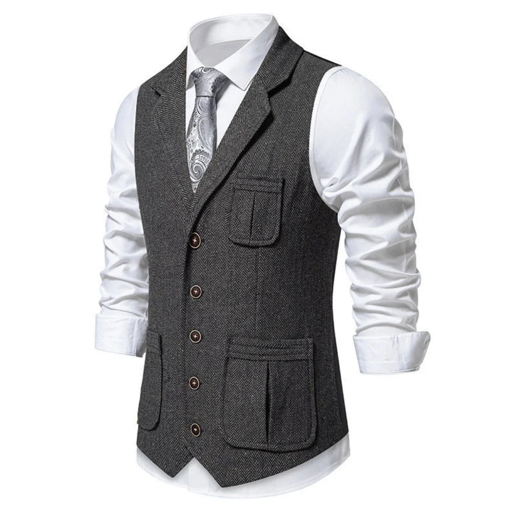 Men Vest Drak Gray Herringbone Single Button Waistcoat For Wedding Birthday Banquet Party Business Work Daily Men Suit Vest