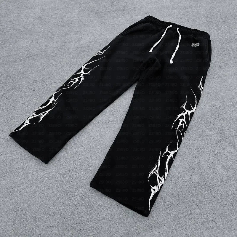 2025 new European and American retro punk complex design printed zipper cardigan hoodie trousers sweatpants suit street wear