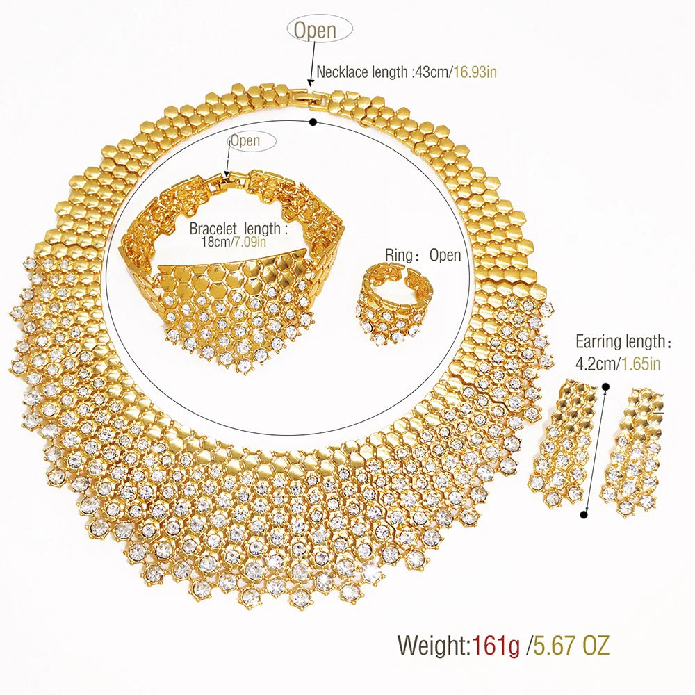 Shiny White Zircon Jewelry Set Italy Nigeria Wedding Jewellery 18K Gold Plated Big Necklace Bracelet Long Drop Earring