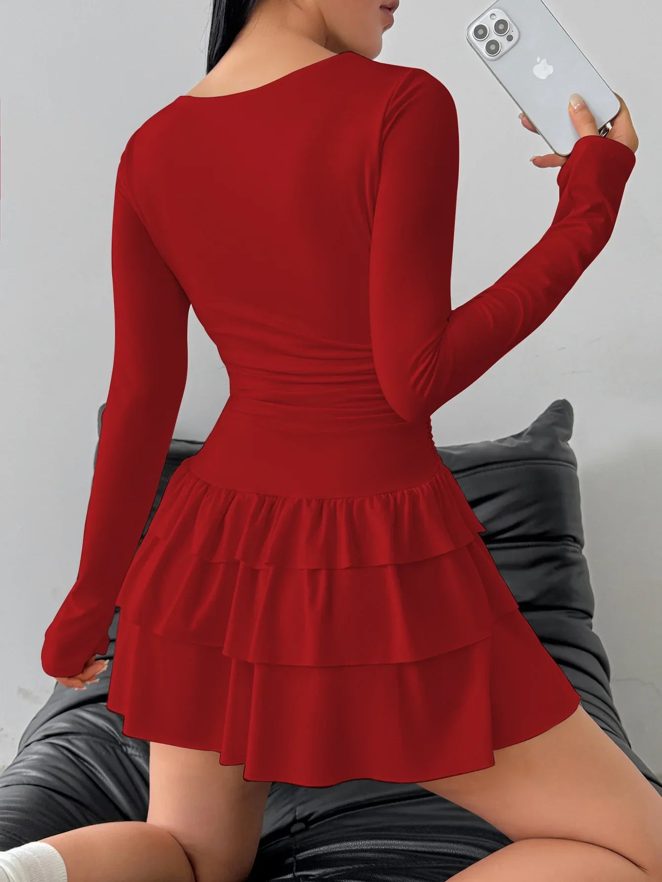 Autumn Winter Solid Color Slim Fit Cascading Ruffles Mini Dress Women Elegant Flare Sleeve High Waist Sexy Party Bodycon Dresses