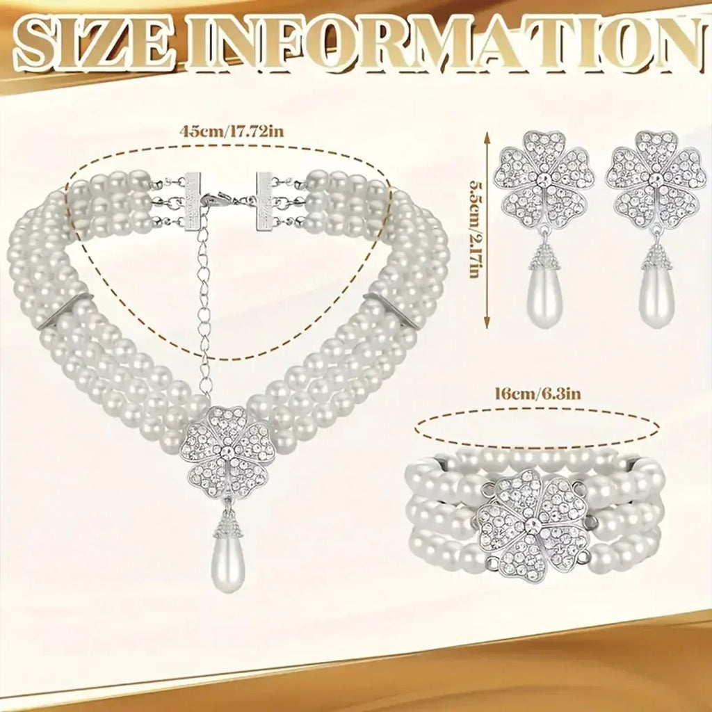 925 Silver, 1 Piece 1920's Pearl Jewellery Set with Vintage Girl Earrings, Layered Faux Pearl Necklace and Bracelet for Women