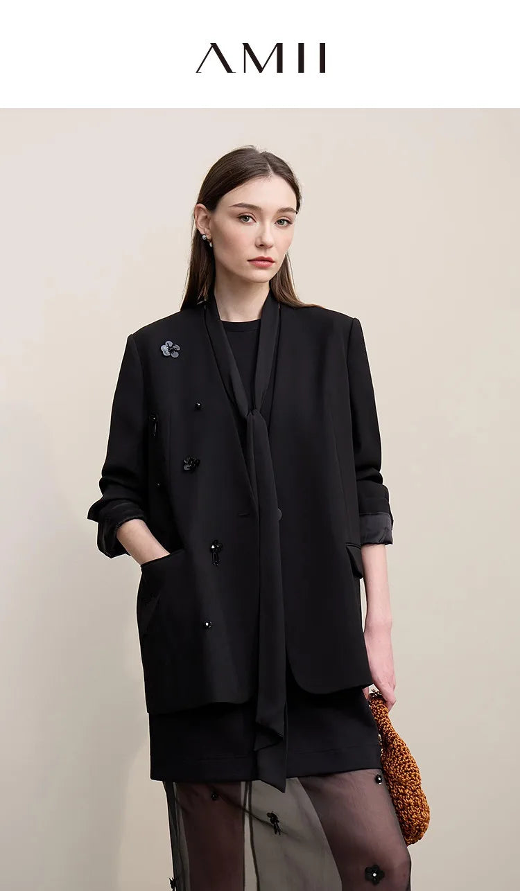 Amii Women's Jacket 2026 Autumn New Elegant Commuter Beaded Flower Chiffon Streamer Tie Blazers Solid Loose V-Neck Top 12641078