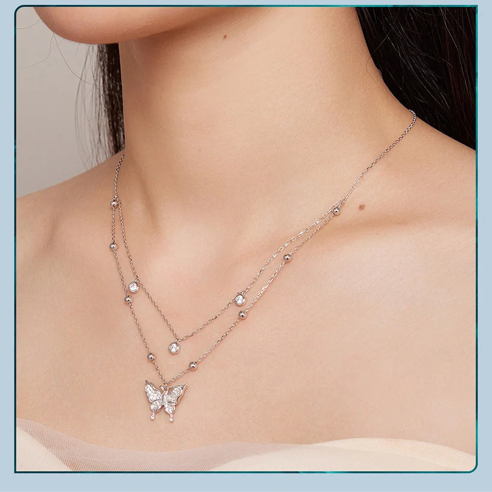 925 Sterling Silver Double-layer Tassel Butterfly Pendant Necklace for Women Engagement Gift Fine Jewelry BSN308