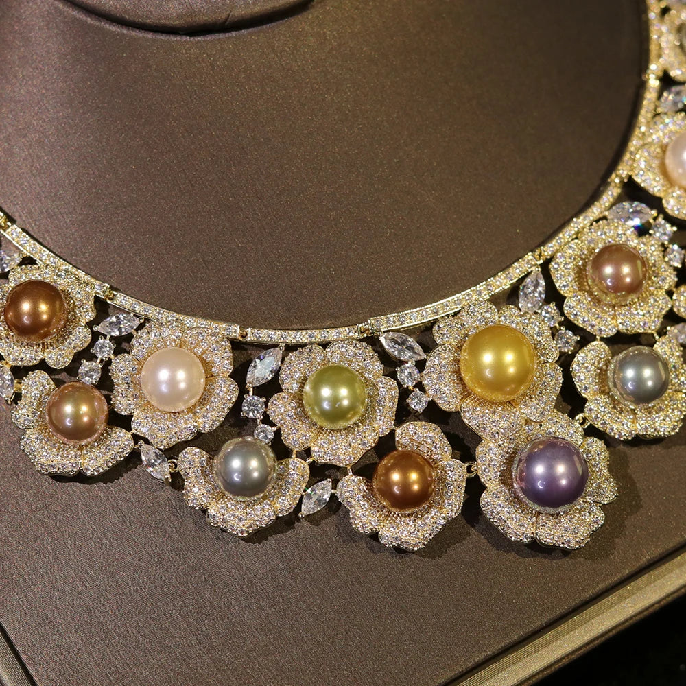 High Quality Zircon Pearls Jewelry sets Luxury Designer Flower Necklace Women Sparkling Dubai Bridal Party Costume Accessories