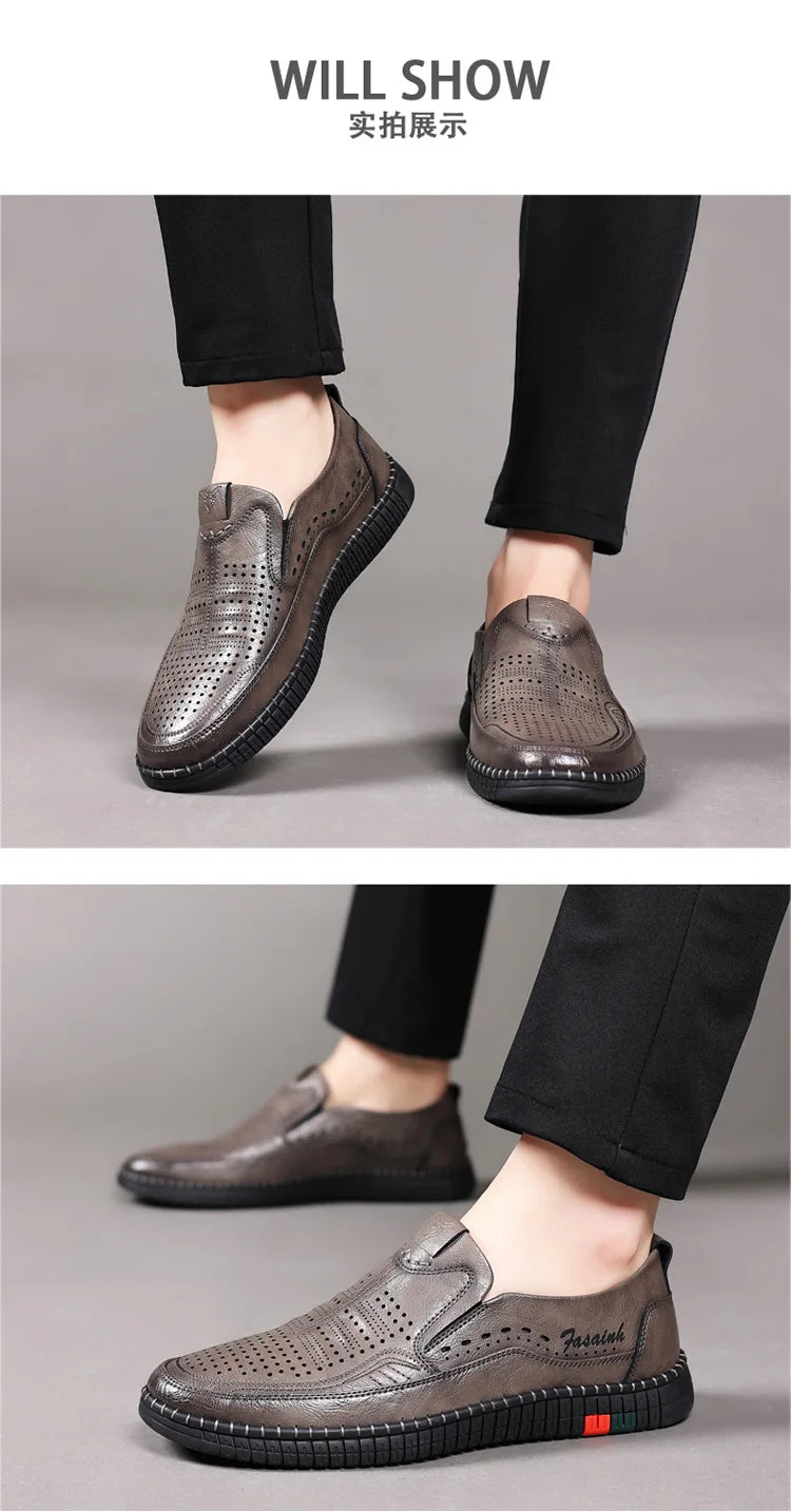 Summer New Breathable Hallow Leather Shoes for Men Solid Color Fashion Casual Driving Shoes Male Low Top Flat Shoes Man