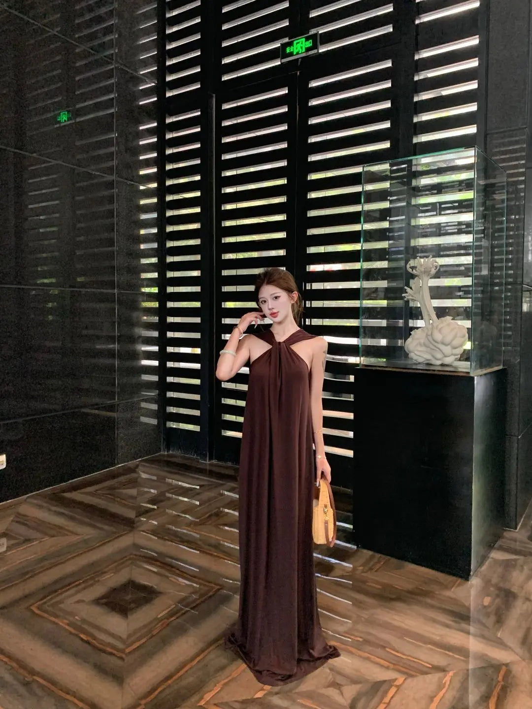 French Temperament Coffee Color Sleeveless Hanging Neck Dress For Women In The Summer Of 2026, New Slim And Flowing Long Dress