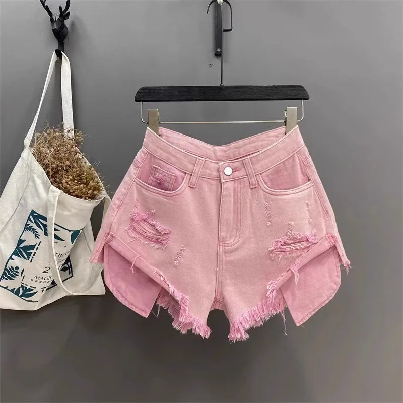 Korean Vintage Blue Sexy Ripped Jeans for Women Patchwork A-line High-waisted Denim Ultra Shorts