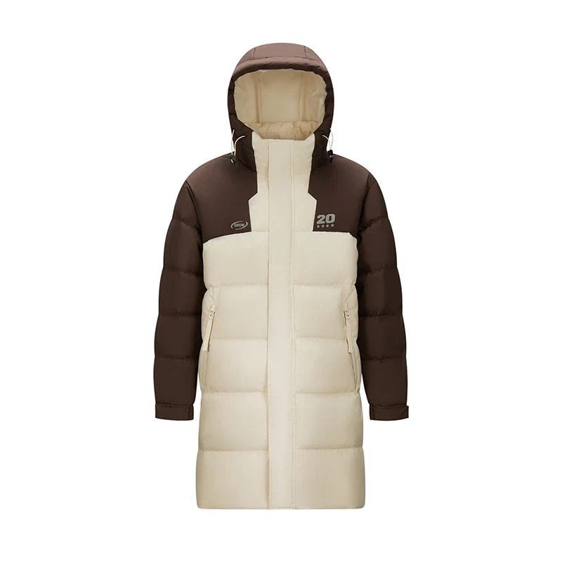 Mid-Length Down Jacket Men Color Block Hooded Sports Style Coat 2025 New Winter Trendy Look