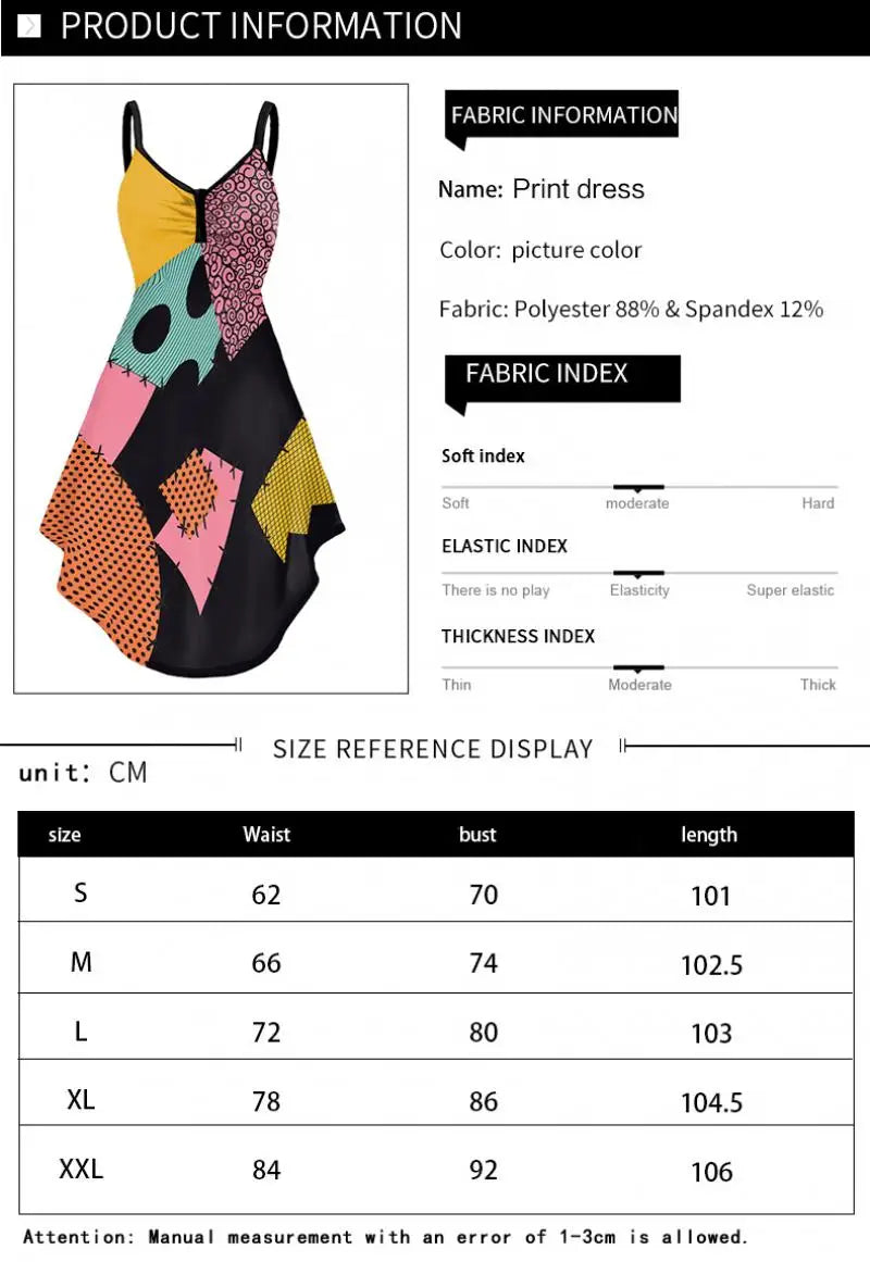 Halloween Nightmare Christmas Sally Dress Spaghetti Strap Women's Sexy Backless Dresses Patchwork Vestidos