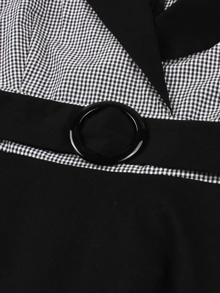 Plaid and Black Elegant Ladies Rockabilly Cotton Dresses Notched Collar 3/4 Sleeve Autumn Winter Women Vintage Dress
