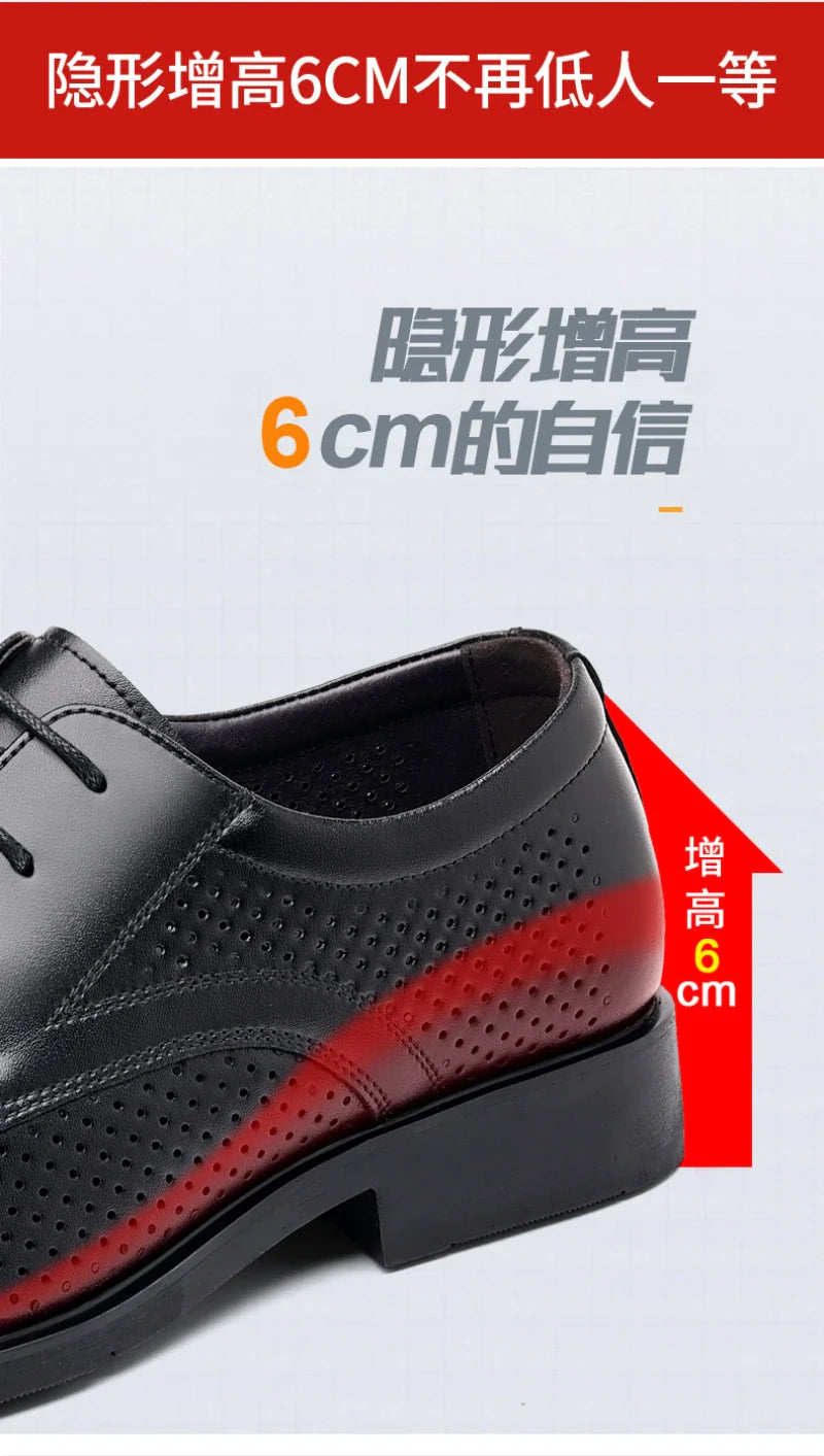 Mens Black Genuine Leather Perforated Metal Decor Lace Up Formal Business Office Breathable Summer Shoes Hollow Stylish Simple