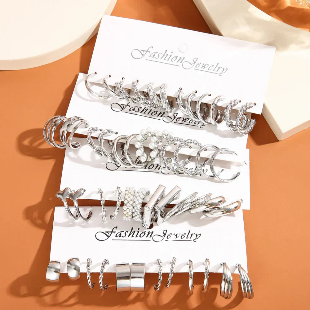 24 Pairs Silver Color Pearl Twist Hoop Earrings Set Metal Heart Dangle Earrings Vintage Circle Geometric for Women Girls Jewelry