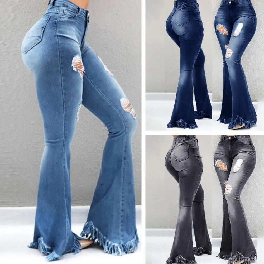 Women Flared Pants High Waist Pockets Ripped Holes Bell Bottom Trousers