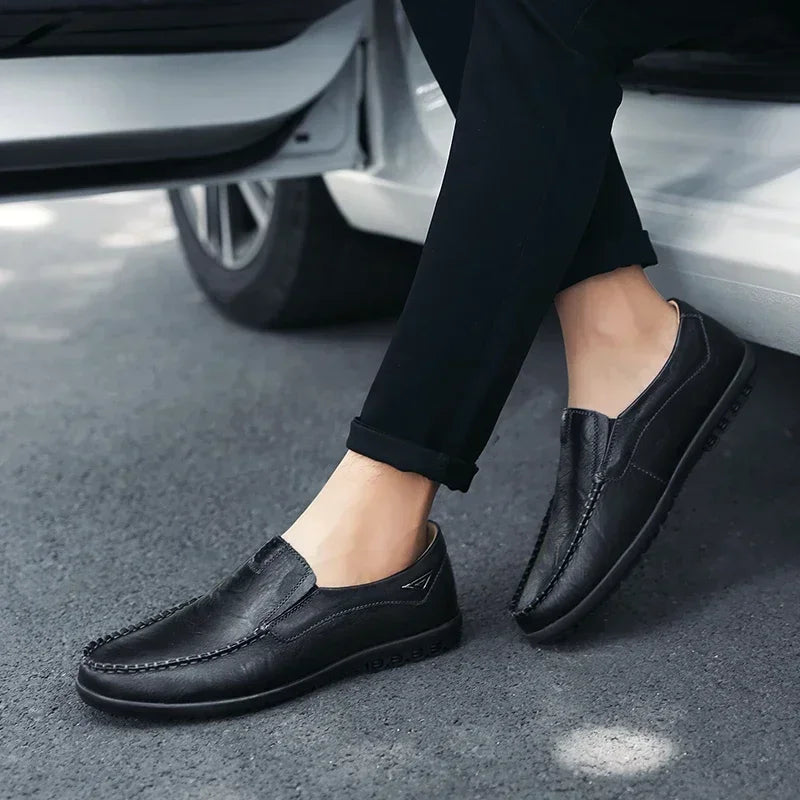 Men’s leather loafers dress shoes casual formal cowhide slip-on brown