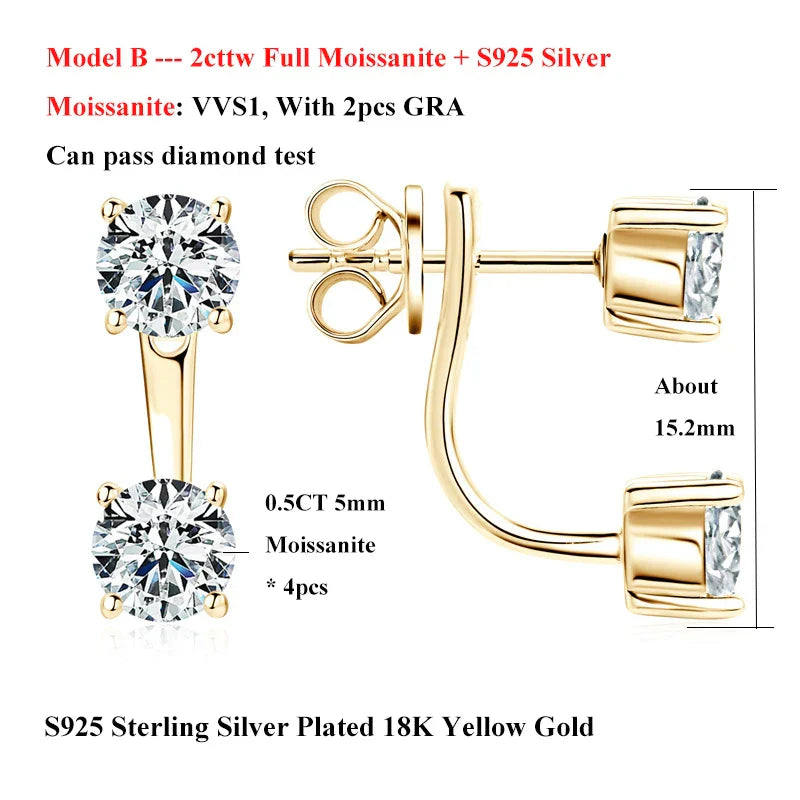 2 in 1 Full D Color Moissanite Stud Earrings for Women S925 Silver 4.6cttw All Diamond Earring Pierced Ear Fine Jewelry