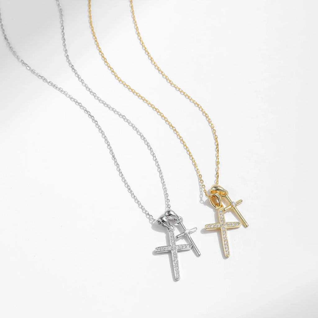 925 Sterling Silver Classic Delicate Double Cross Zircon Link Chain Pendant Necklace For Women Fine Jewelry Gifts