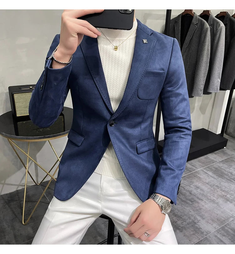 Plus Size 4XL-M Autumn Deerskin Velvet Jackets Blazer 6 Color Men Business Slim Blazers Hommes Casual Wedding Tuxedo Suit Coat
