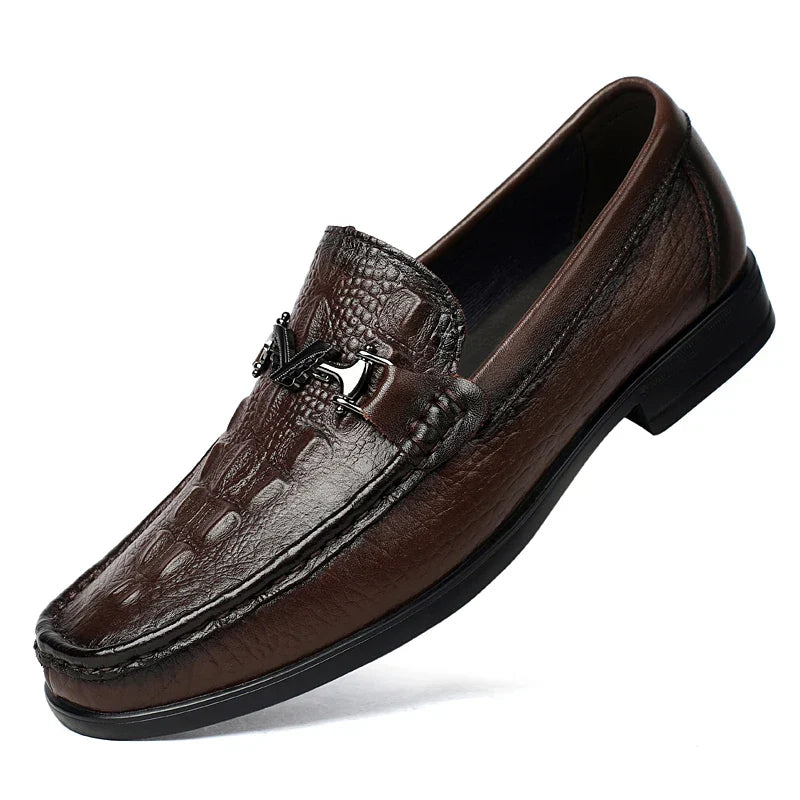 High Quality Round Toe Breathable Loafers Fashionable Brand Men's Comfortable Crocodile Patterned Casual Cowhide and Bean Shoes