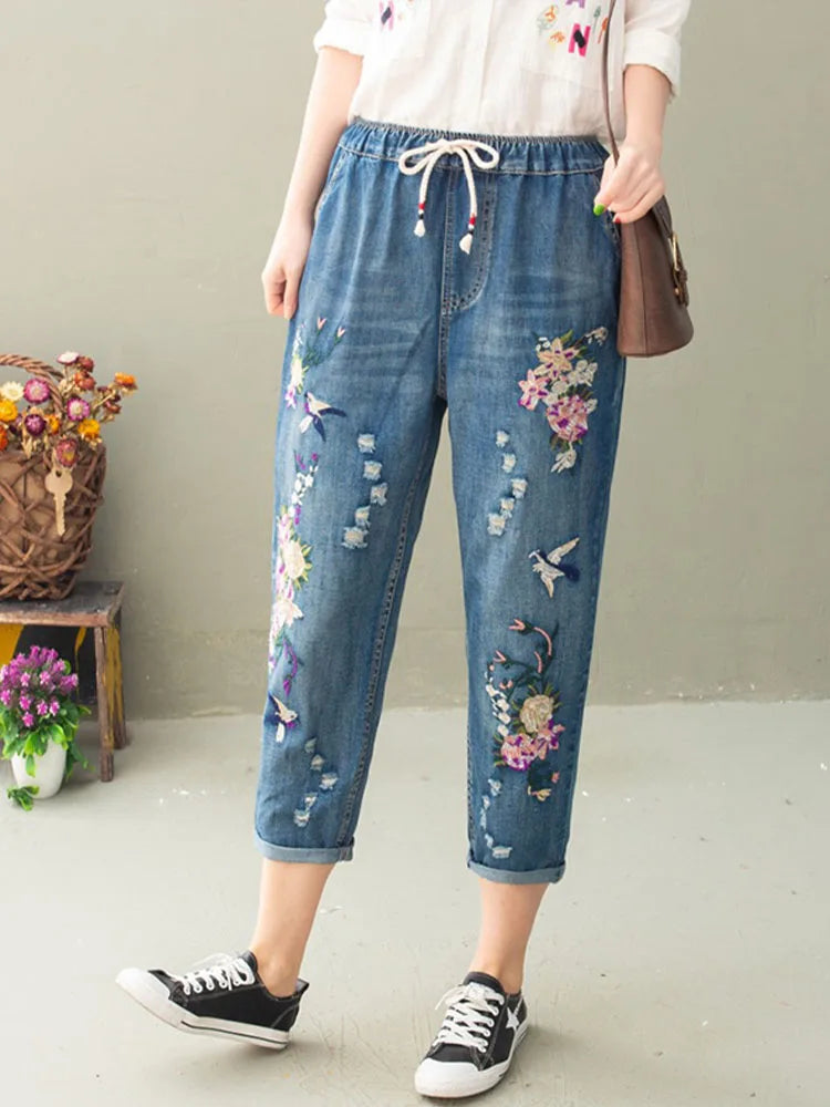 Vintage Floral Loose Denim Pants Chinese Style Casual Ripped Blue Jeans