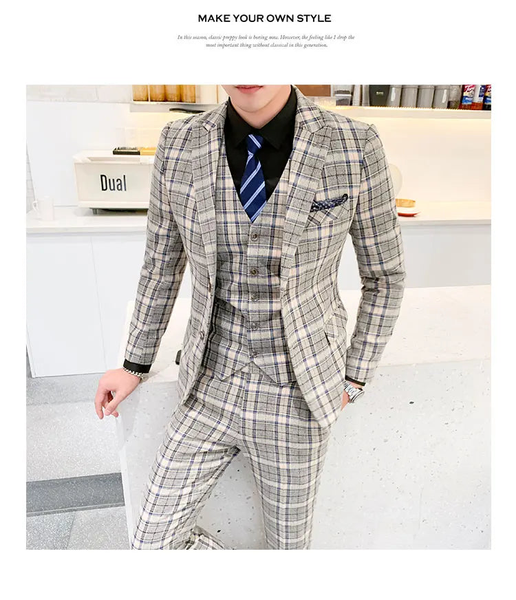 ( Jackets + Vest + Pants ) New Fashion Boutique Plaid Mens Casual Business Suit Groom Wedding Dress Suit 3pces Set Male Blazer
