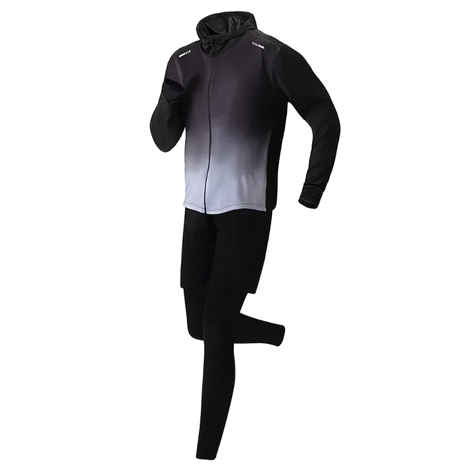 5-Piece Men's Quick-drying Sports Suit Fitness Running Tight Elastic Trousers With Cap Gradient Coat Round Neck Casual T-shirt