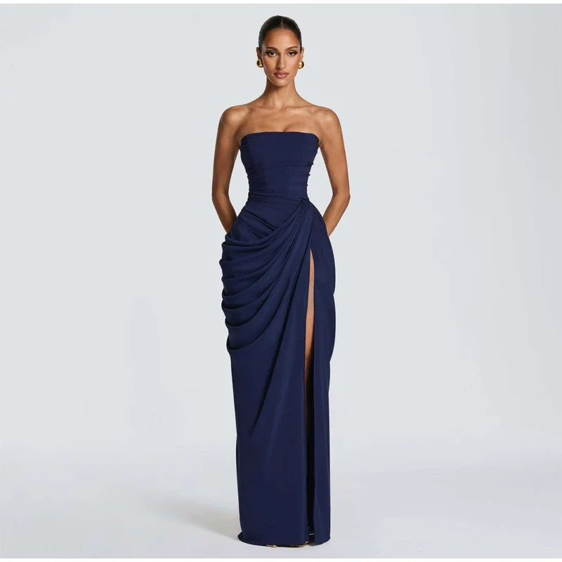 Lady Sexy Strapless Split Solid Pleated Dress Women Chic Backless High Waist Off-shoulder Dresses 2026 New Evening Party Gowns
