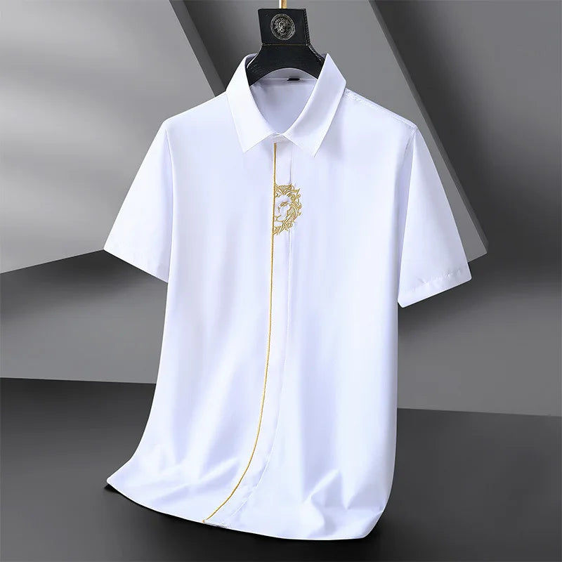 Upto 10XL Size Short Sleeve Embroidered Shirt Men's Casual Loose Oversized Black and White Short Sleeve Shirt Summer