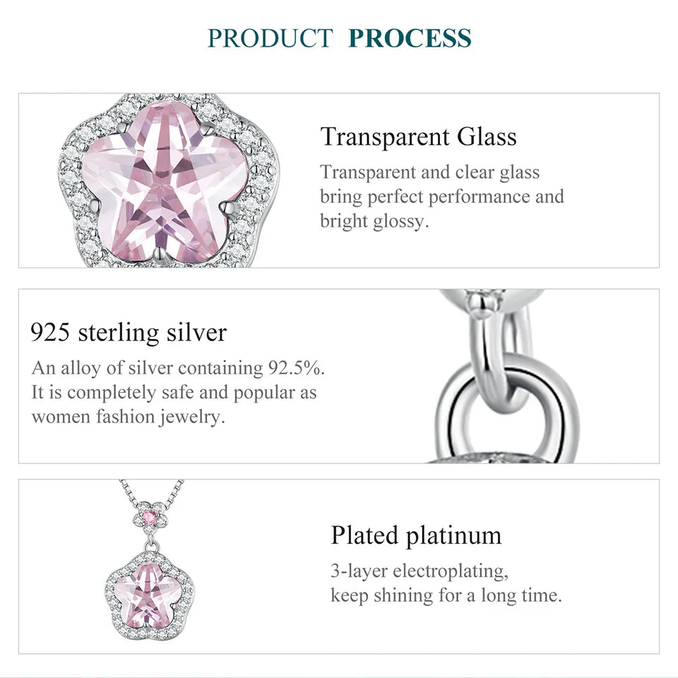 925 Sterling Silver Pink Flower Pendant Necklace Little Star Neck Chain Pave Setting CZ for Women Valentine's Day Gift