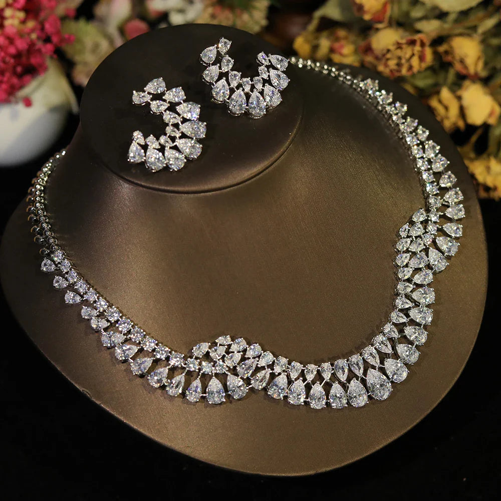 Luxury Sparkling Zircon Geometric Design Wedding Necklace Jewelry Sets Bijoux Femme Ensemble  X0610