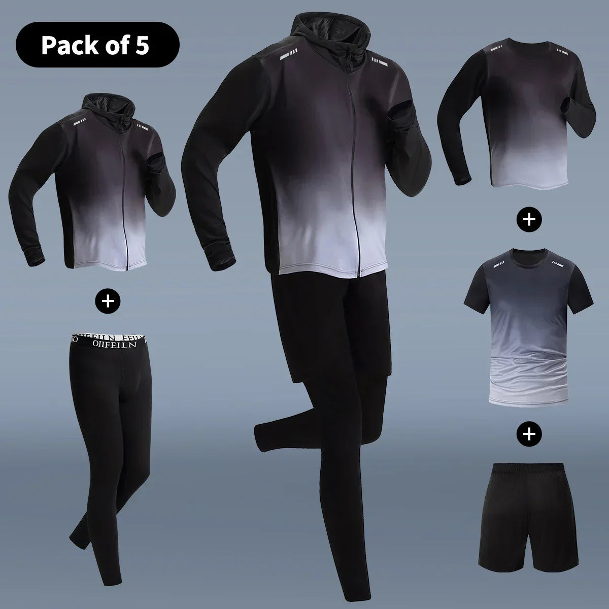 5-Piece Men's Quick-drying Sports Suit Fitness Running Tight Elastic Trousers With Cap Gradient Coat Round Neck Casual T-shirt