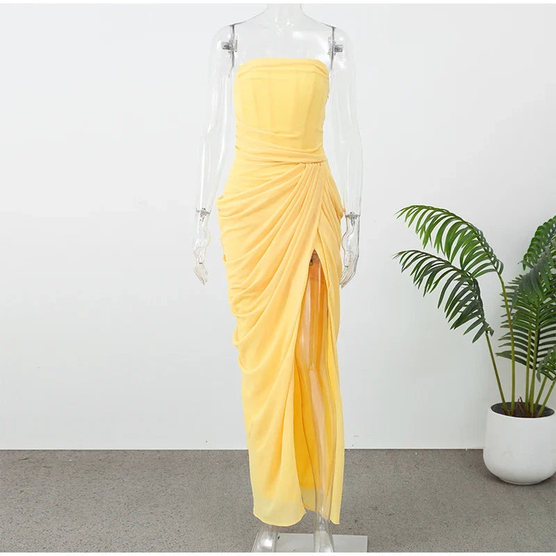 Elegant Solid Pleated Strapless Maxi Dress Yellow Off-shoulder Backless High Waist Split Robe 2026 New Lady Evening Party Gown