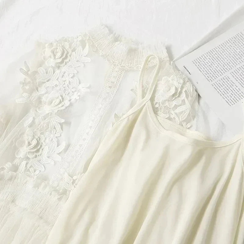 Lace Flower Mesh Summer Dress Women Lantern Sleeve White Casual Dresses Female Party Vintage Slim Women Dress 2 Piece Sets 12041