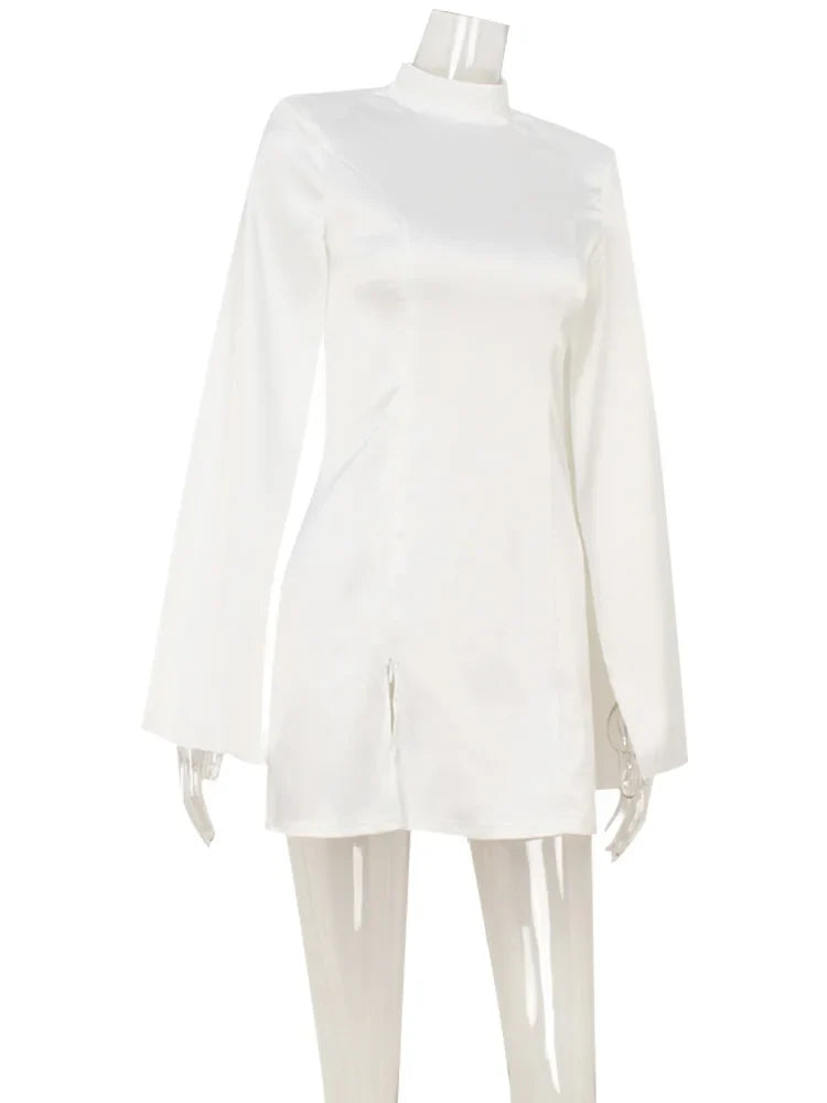 Eelgant Mini Dresses For Women Solid Long Flare Sleeves Turtleneck Sheath Satin Fashion Split Party Slim Fit Female Robe