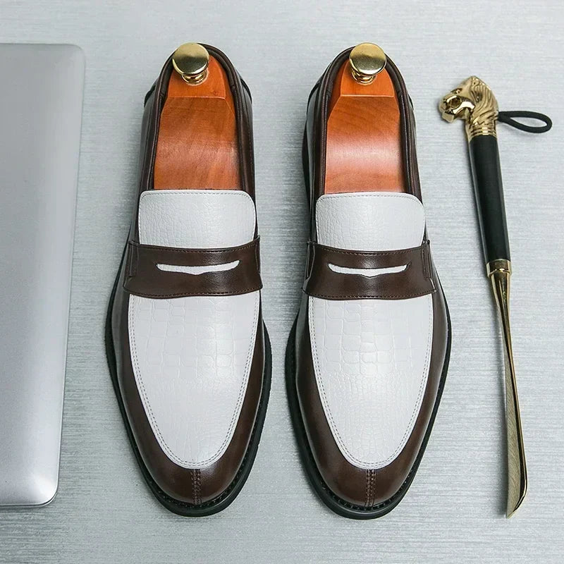 Fashion Color Mixed Mens Party Loafers Black White Business Leather Shoes Luxury Goods Summer New Coffee White Slip-On Shoes