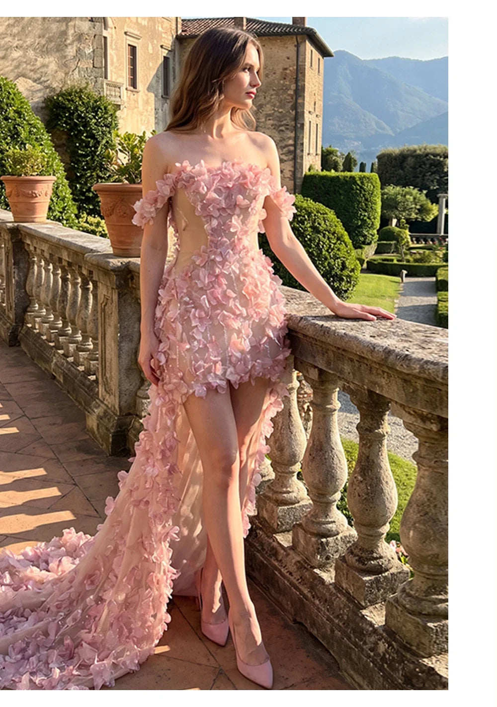 Pink Off Shoulder Mini Evening Dress 3D Handmade Floral Petal Appliques Long Train Tulle Formal Prom Gown Sexy High Split