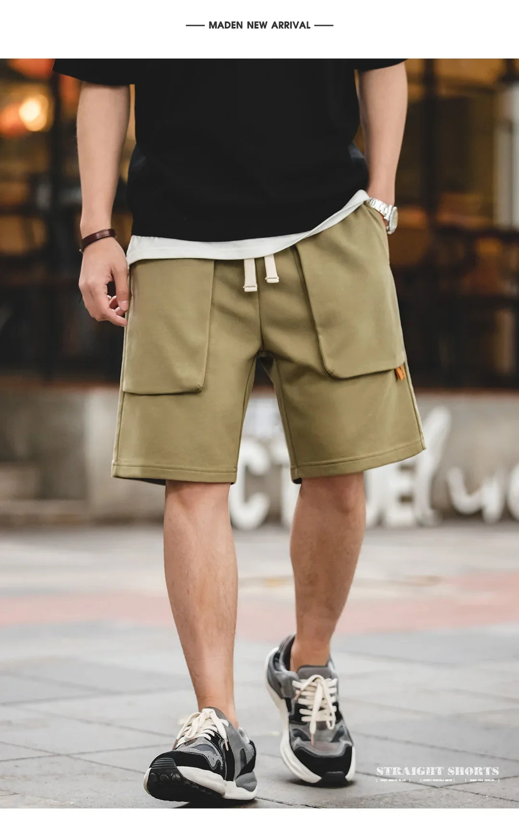 Maden Casual Heavyweight Knit Shorts for Men Straight Loose Large Pockets Sports Short Sweatpants Elastic Waist Athletic Shorts