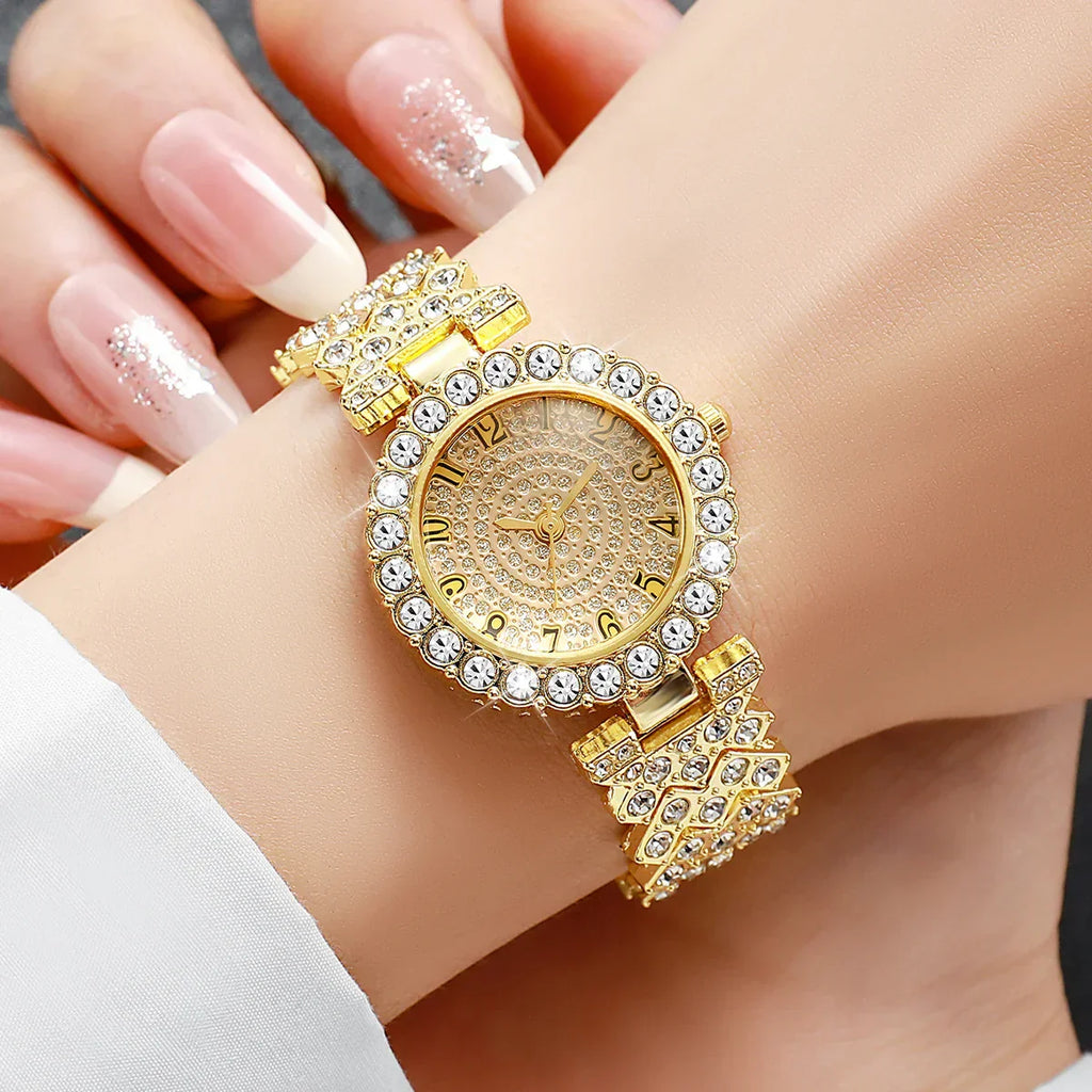 5pcs Luxury Rhinestone Women's Quartz Watch Elegant Ladies Bracelet Wristwatch Jewelry Set（Without Box）