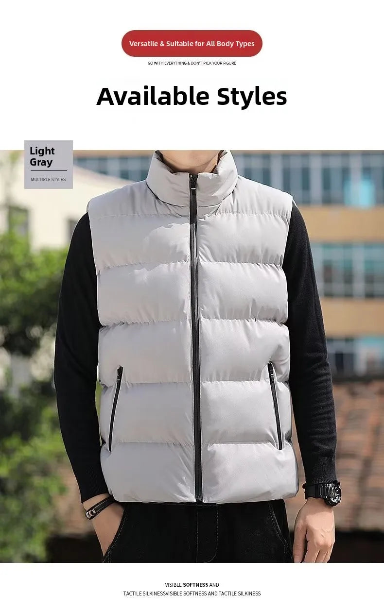 Men's down Vest Thickened Casual Style Stand Collar Jacket Autumn Winter New Fashion Youth Active Fit Zipper Pocket Daily Wear
