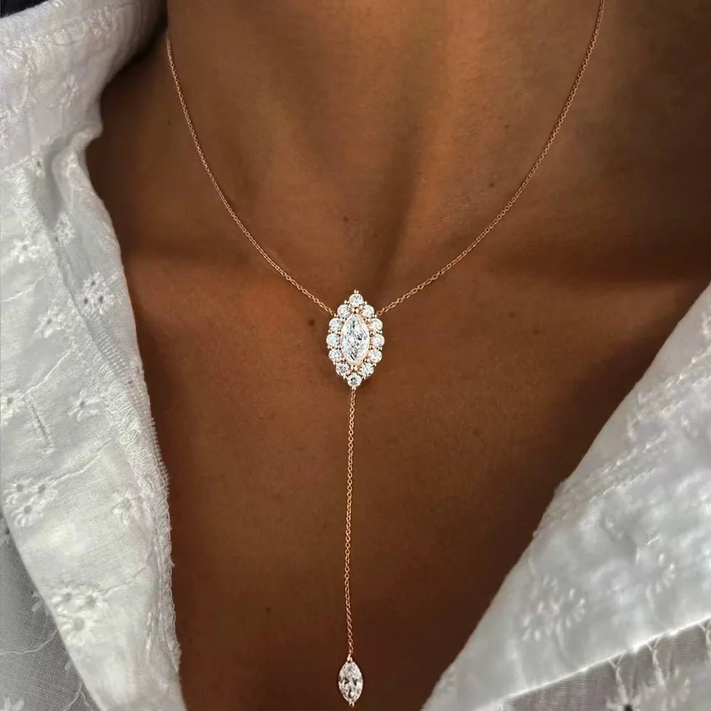 Marquise Cut Full Moissanite Pendant Necklace for Women 100% S925 Silver Y-style Halo Diamond Drop Neckchain with Certificate