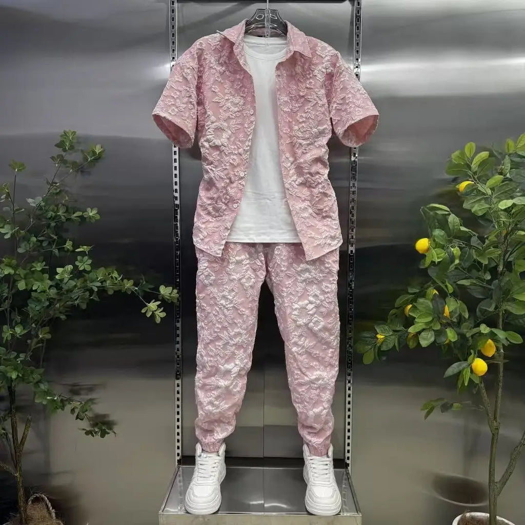 Summer Shirts+Pants Men Sets New Men Casual Print Shirt Two Piece Mens Sportswear Jogger Tracksuits Fashion Suit