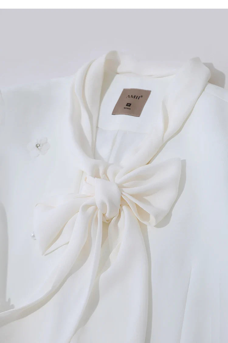 Amii Women's Jacket 2026 Autumn New Elegant Commuter Beaded Flower Chiffon Streamer Tie Blazers Solid Loose V-Neck Top 12641078