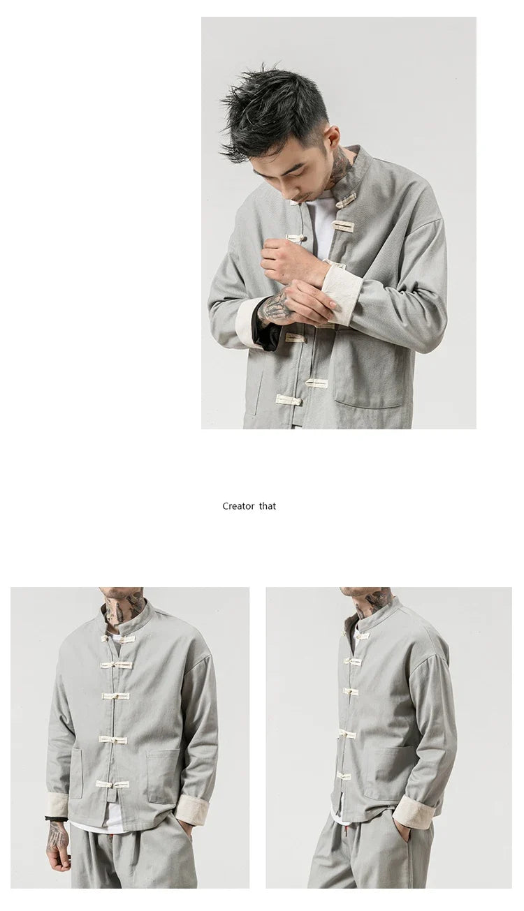 Kung Fu Coat Man Chinese Traditional Retro Autmn Long Sleeve Tang Suit Mandarin Collar Buckle Jacket Men Oriental Cotton Shirt