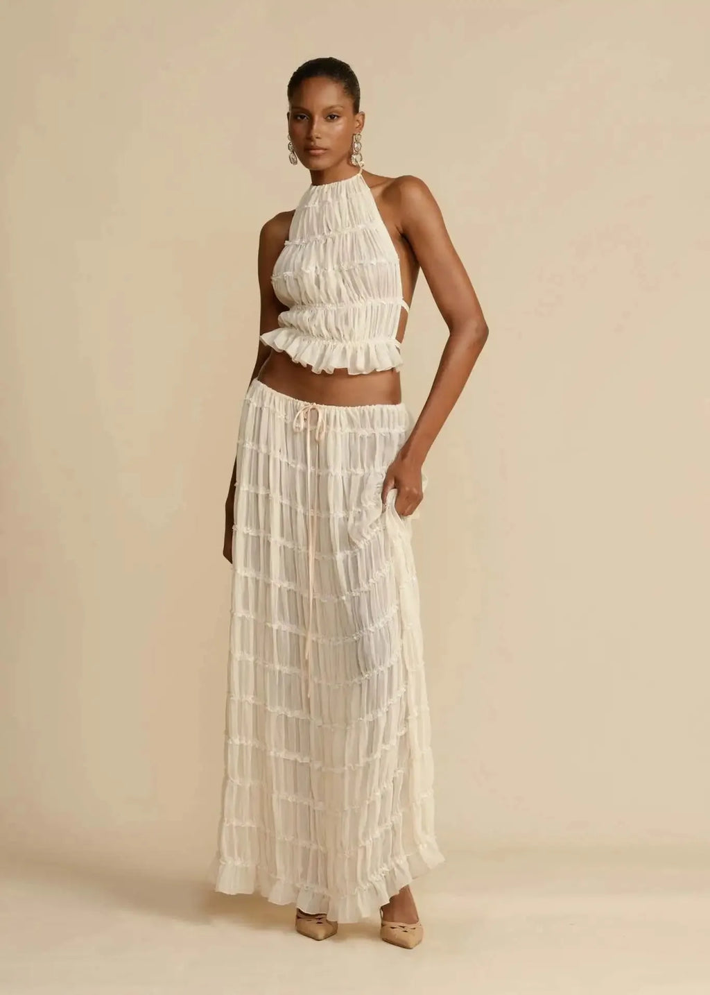 Fashion Halter Neck Long Skirt Suit Women Backless Sling Top Lace Up Fold Maxi Skirts New Summer Female 2 Piece Set Outfits