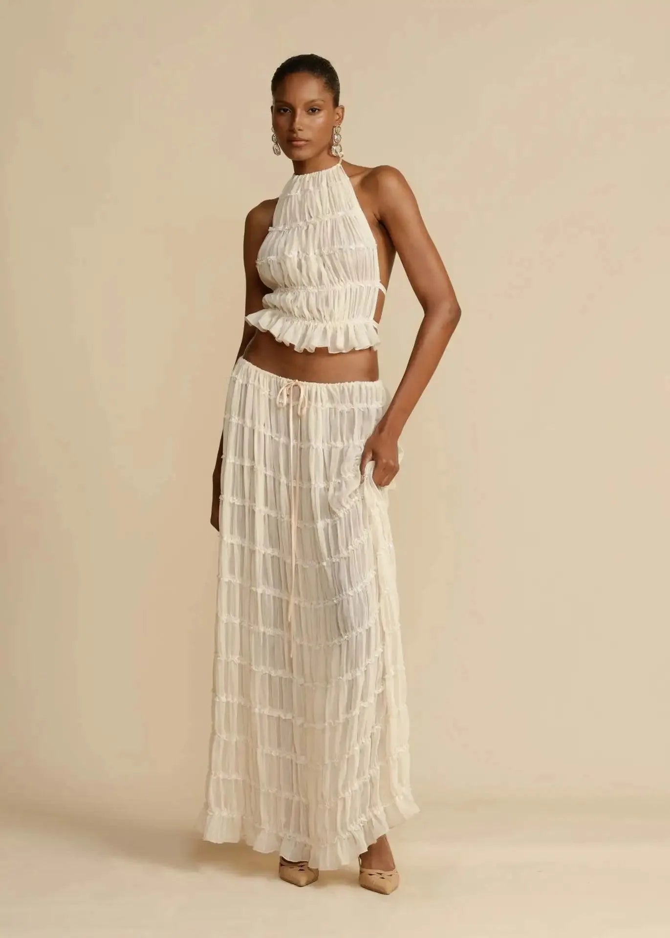 Fashion Halter Neck Long Skirt Suit Women Backless Sling Top Lace Up Fold Maxi Skirts New Summer Female 2 Piece Set Outfits